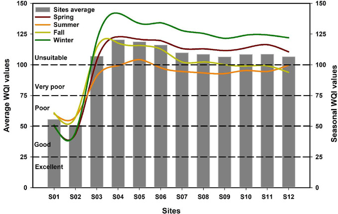 Spatial (S01-S12) and temporal (Spring: Mar-May, Summer: Jun-Aug, Fall: Sep-Nov, Winter: Dec-Feb) variation of water quality index (WQI) in the Geum River.