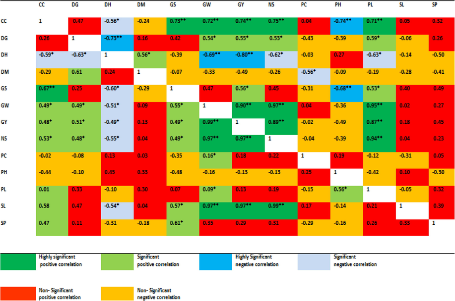 Phenotypic Correlation of wheat genotypes for yield and quality traits in Drought conditions (below diagonal) and Irrigated (above diagonal). CC = chlorophyll index (SPAD), DG = grains filling duration (days), DH = days to 50 % heading, DM = days to 50 % maturity, GS = number of grains spike-1, GW = 1000 grain weight (g), GY = grain yield (kg ha−1), NS = number of spike per m2, PC = protein content (%), PH = plant height (cm), PL = peduncle length (cm), SL = spike length (cm), SP = number of spikelet spike-1,