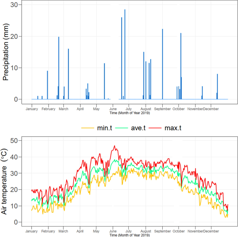 The daily minimum, maximum and average temperature and rainfall in Multan, Pakistan, during 2019 (Majid et al. 2020).