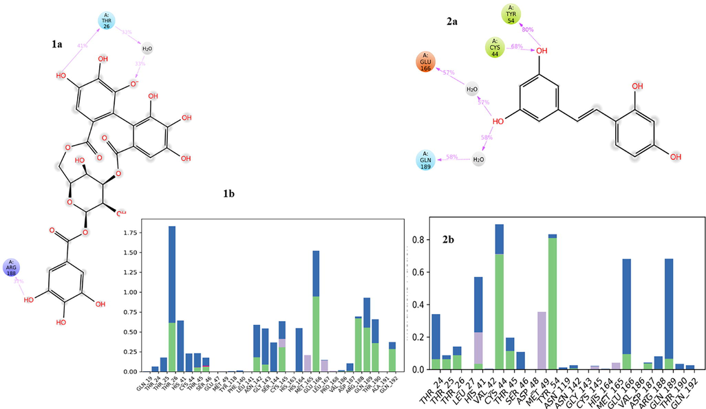 Protein ligands contacts (1a: HIT1; 2a: HIT2) and protein ligand contacts histogram (1b: HIT1; 2b: HIT2) of identified HITs at the active site of COVID Mpro enzyme over the entire run of 50 ns.