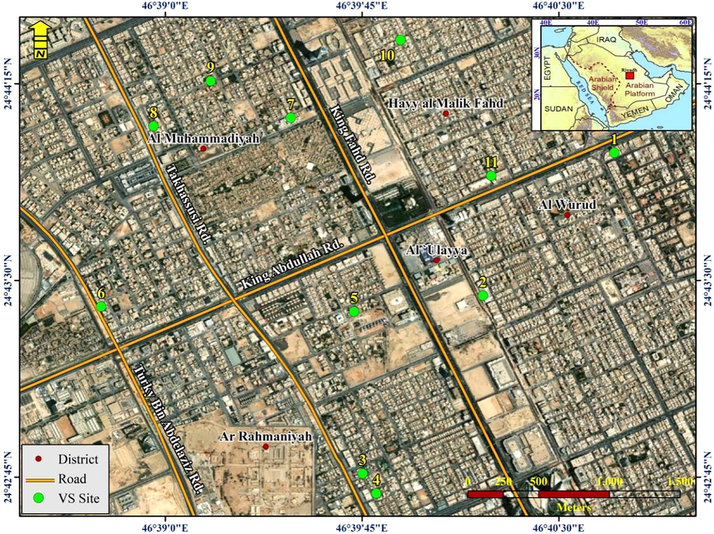 Map of the study area in Riyadh City, showing microtremor measurement sites and geotechnical boreholes.