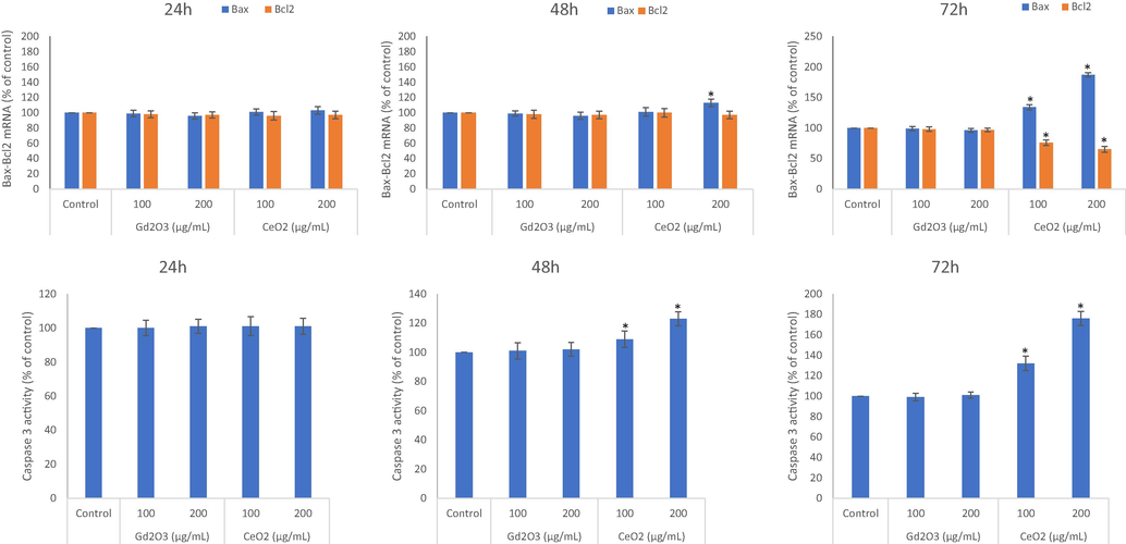 Comparative potential effects of GO NPs and CeO2 NPs on Bax/Bcl2 mRNA expression evaluated after exposure of 24 h (A), 48 h (B) and 72 h (C) at the concentrations of 100 μg/mL and 200 μg/mL. Similarly, caspase 3 inducing potential due to NPs treatment in THP-1 cells were evaluated as mentioned above (D, E, and F). Triplicates (n = 3) of each treatment group were used in each independent experiment. *Denotes a significant difference from the control (p < 0.05).