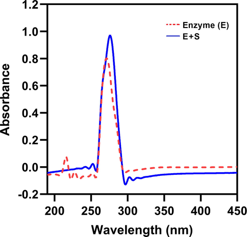 UV absorption spectra of purified enzyme. The UV–visible spectra of pectinase enzyme (red) and enzyme-substrate (pectin) complex (blue) were taken from 190 to 450 nm.