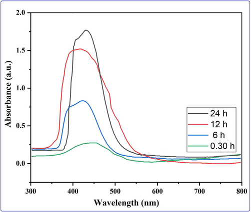 Evaluation of the biogenic nanoparticles' UV–Visible absorption spectrum over a time span of about 30 min to 24 h.