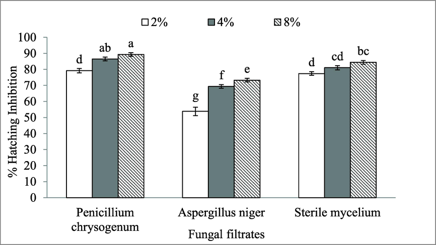 Egg hatching of M. javanica effected by endophytic fungi culture filtrates.