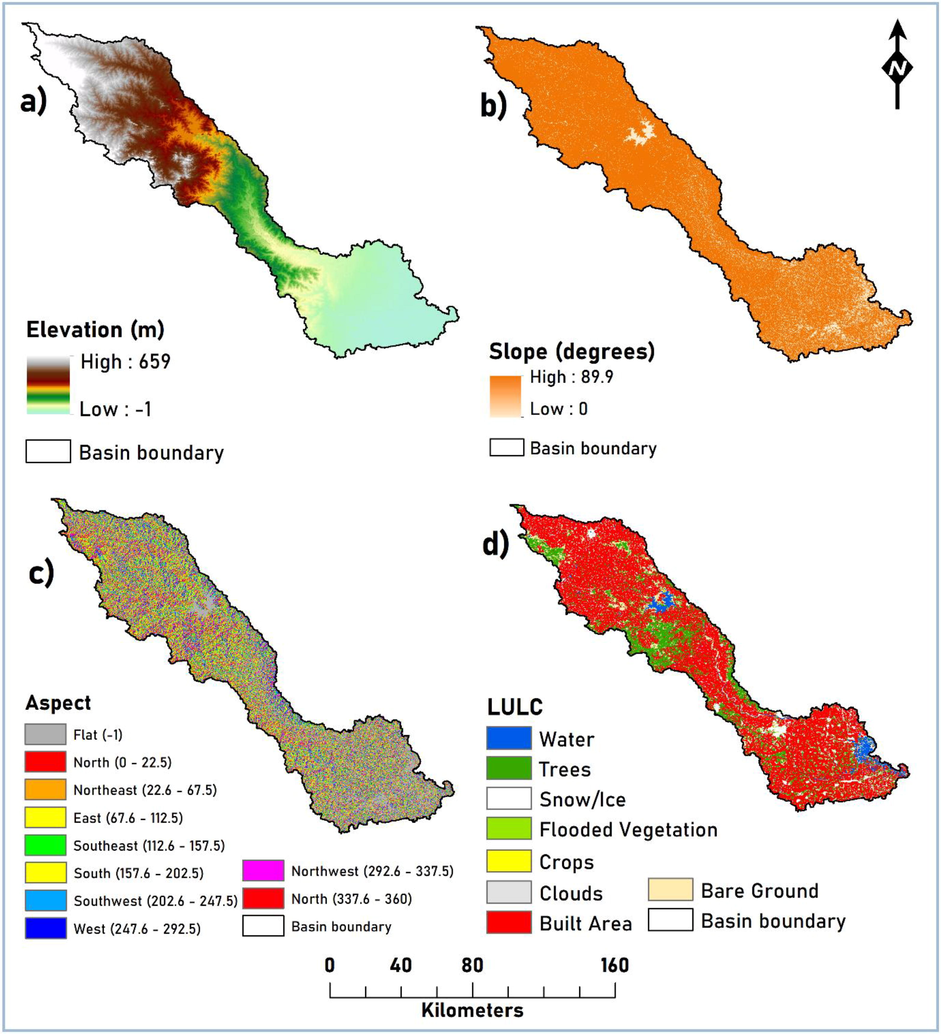 Thematic layers for drought analysis: a) elevation, b) slope, c) aspect and d) LULC.