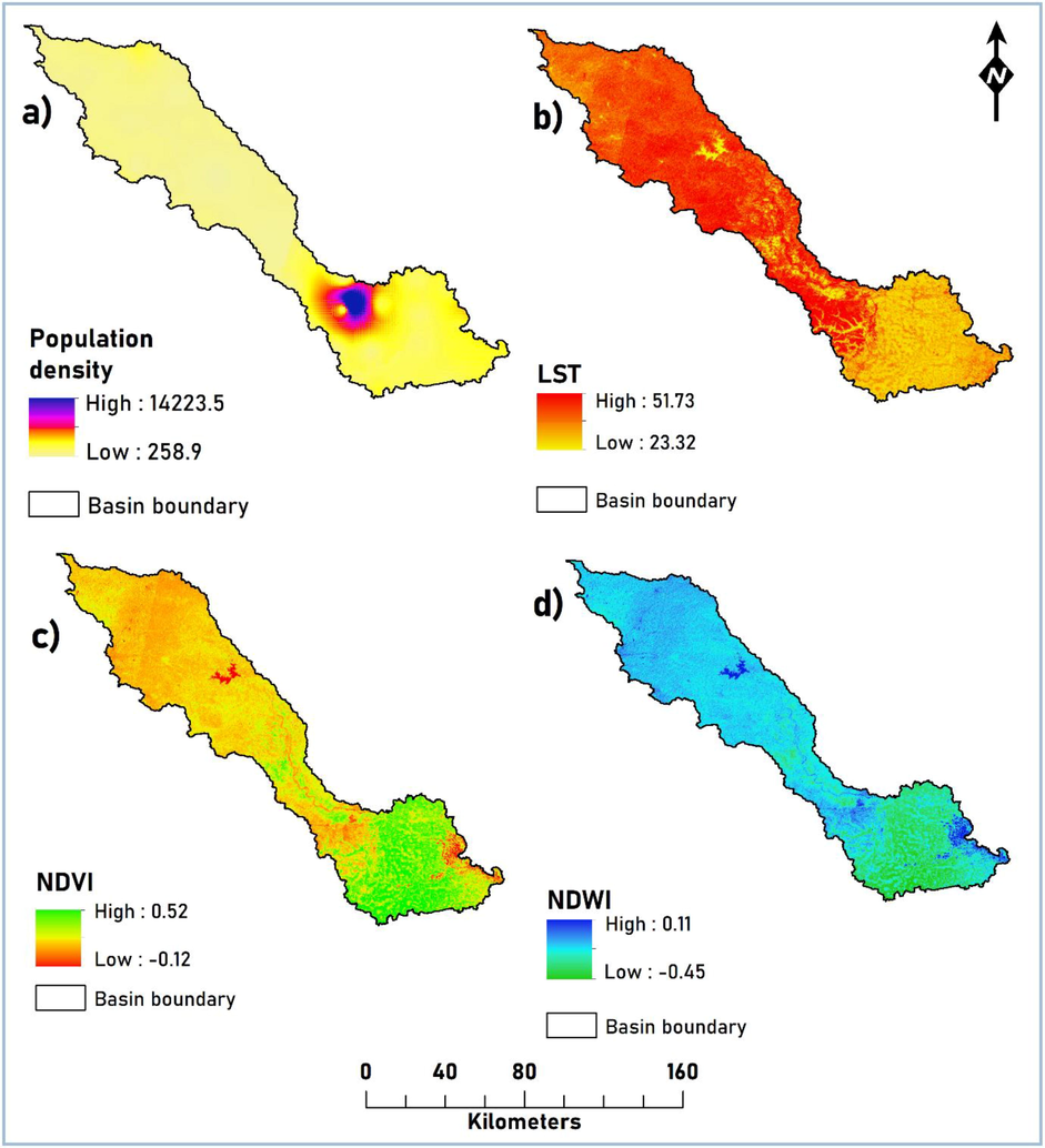 Thematic layers for drought analysis: a) population density, b) LST, c) NDVI and d) NDWI.