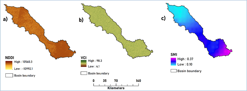 Thematic layers for drought analysis: a) NDDI, b) VCI and c) SMI.