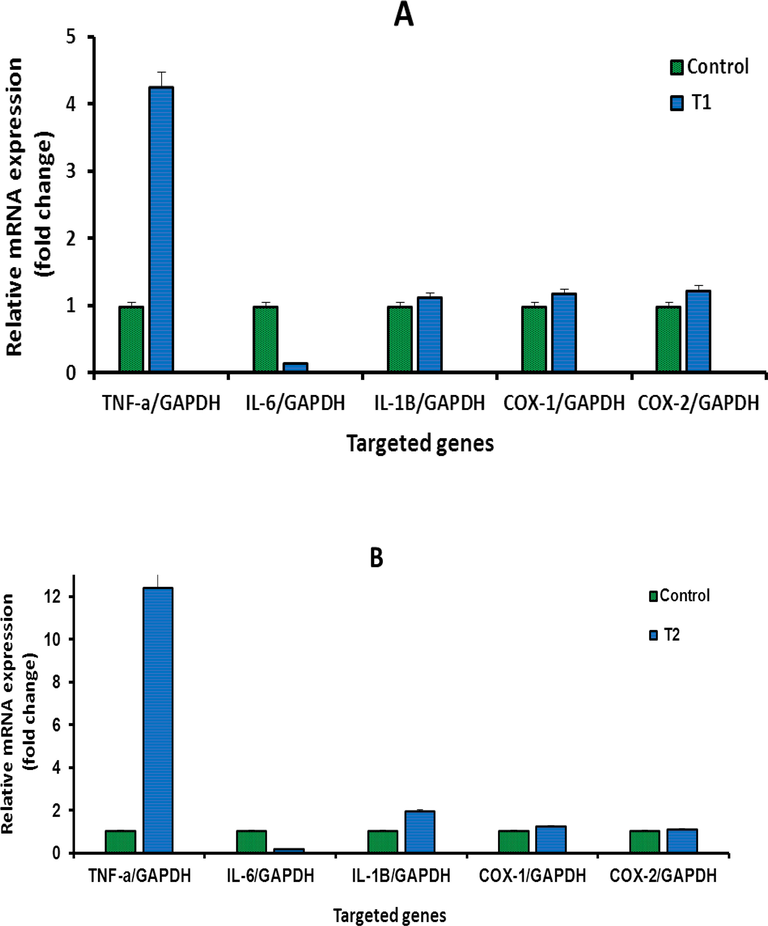 A-G: Shows the mRNA levels of inflammatory genes in the treated rats with high concentration (1.0 mg/kg) of IVM (A), with medium concentration (0.5 mg/kg) of IVM (B), with low concentration (0.25 mg/kg) of IVM (C), with 40 mg/kg of DMH (D), with combination of DMH and high dose of IVM (E), with combination of DMH and medium dose of IVM (F), with combination of DMH and low dose of IVM (G). Each value represents the mean ± SE. (n = 5), (*p < 0.05), (***p < 0.001) compared with untreated cells. T1: 1.0 mg/kg IVM. T2: 0.5 mg/kg IVM. T3: 0.25 mg/kg IVM. D: 40 mg/kg of DMH. TD1: 40 mg/kg of DMH + 1.0 mg/kg) of IVM. TD2: 40 mg/kg of DMH + 0.5 mg/kg) of IVM. TD3: 40 mg/kg of DMH + 0.25 mg/kg) of IVM.