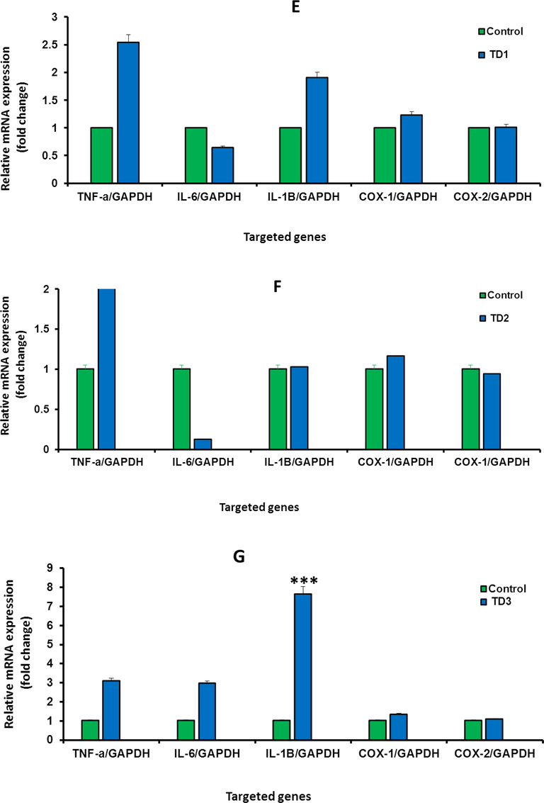 A-G: Shows the mRNA levels of inflammatory genes in the treated rats with high concentration (1.0 mg/kg) of IVM (A), with medium concentration (0.5 mg/kg) of IVM (B), with low concentration (0.25 mg/kg) of IVM (C), with 40 mg/kg of DMH (D), with combination of DMH and high dose of IVM (E), with combination of DMH and medium dose of IVM (F), with combination of DMH and low dose of IVM (G). Each value represents the mean ± SE. (n = 5), (*p < 0.05), (***p < 0.001) compared with untreated cells. T1: 1.0 mg/kg IVM. T2: 0.5 mg/kg IVM. T3: 0.25 mg/kg IVM. D: 40 mg/kg of DMH. TD1: 40 mg/kg of DMH + 1.0 mg/kg) of IVM. TD2: 40 mg/kg of DMH + 0.5 mg/kg) of IVM. TD3: 40 mg/kg of DMH + 0.25 mg/kg) of IVM.