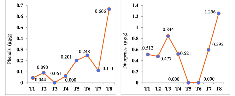 The impact of different forms of phosphorus on phenols and diterpenes in garlic. Here, T0 = control, T1 = 50 kg ha−1 mP, T2 = 70 kg ha−1 mP, T3 = 90 kg ha−1 mP, T4 = 50 kg ha−1 mP + oP ≈ 50 kg ha−1, T5 = 70 kg ha−1 mP + oP ≈ 60 kg ha−1, T6 = 90 kg ha−1 mP + oP ≈ 30 kg ha−1, and T7 = 50 kg ha−1 mP + oP ≈ 90 kg ha−1.