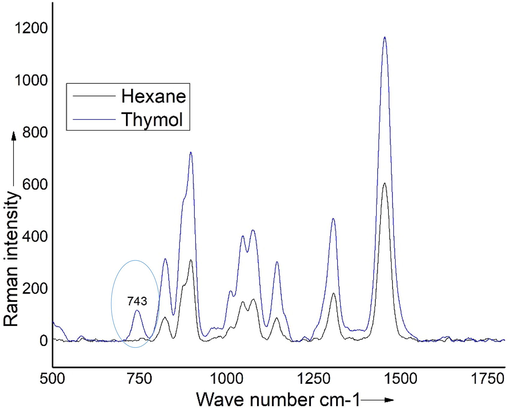 Raman spectra of Hexane and Thymol. Peak at 743 in the raman spectra of Thymol differenciate the thymol from hexane.