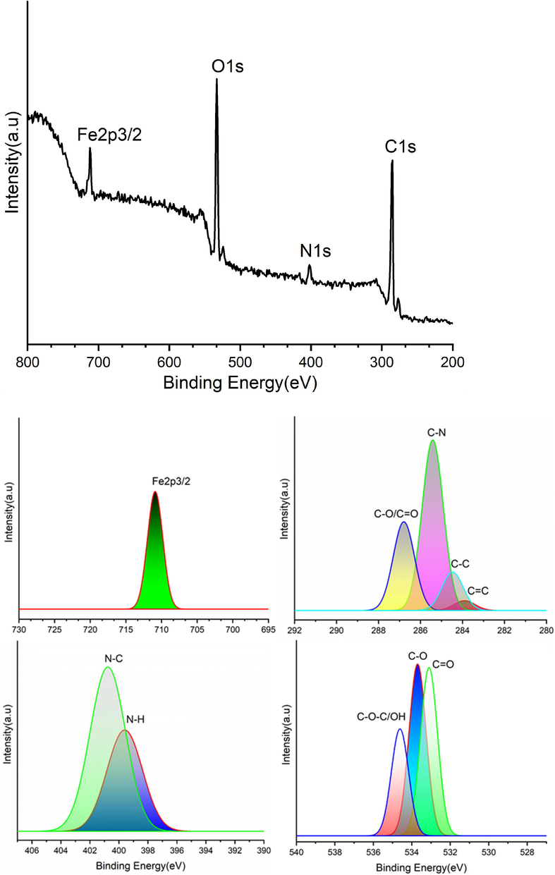 XPS of COCA/Fe2O3 nanocomposite(survey and deconvoluted).