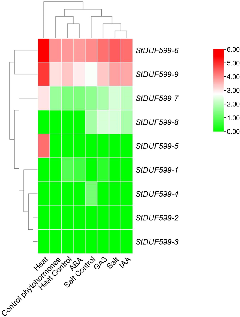 Expression patterns of the StDUF599genes under different abiotic (heat and salt)stress conditions and phytohormones (ABA, GA3, and IAA). The red, black, and green colors display high to low expression levels.