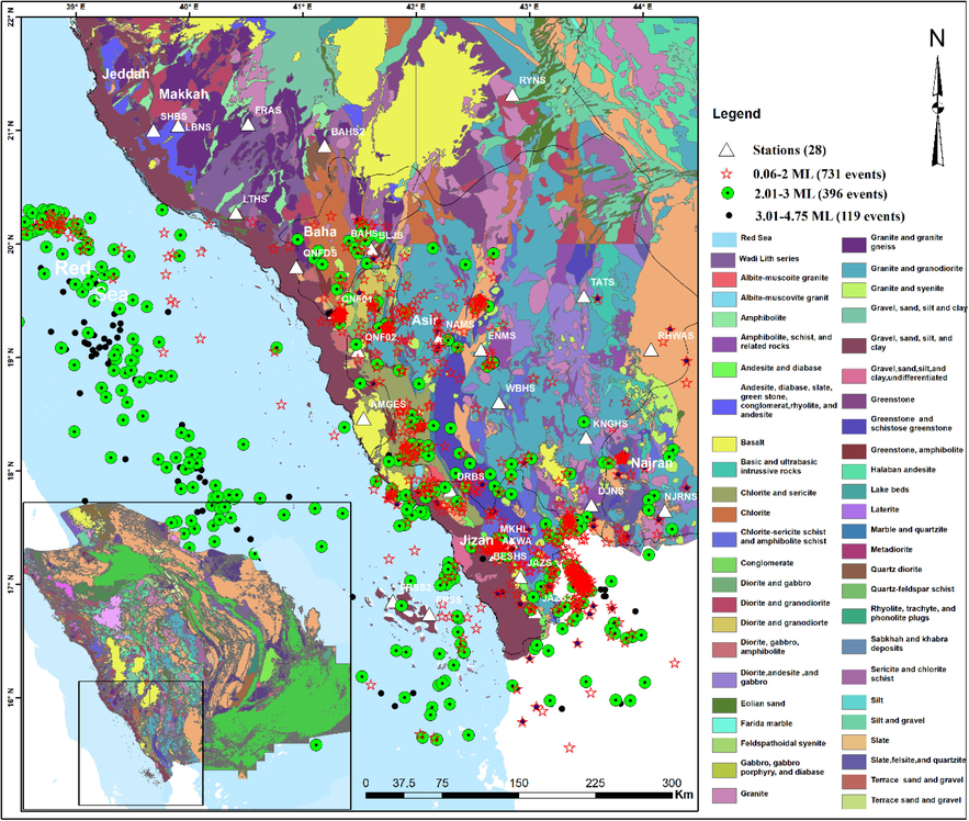 Geological map of the study area overlain by the seismic events between 2007 and 2014.