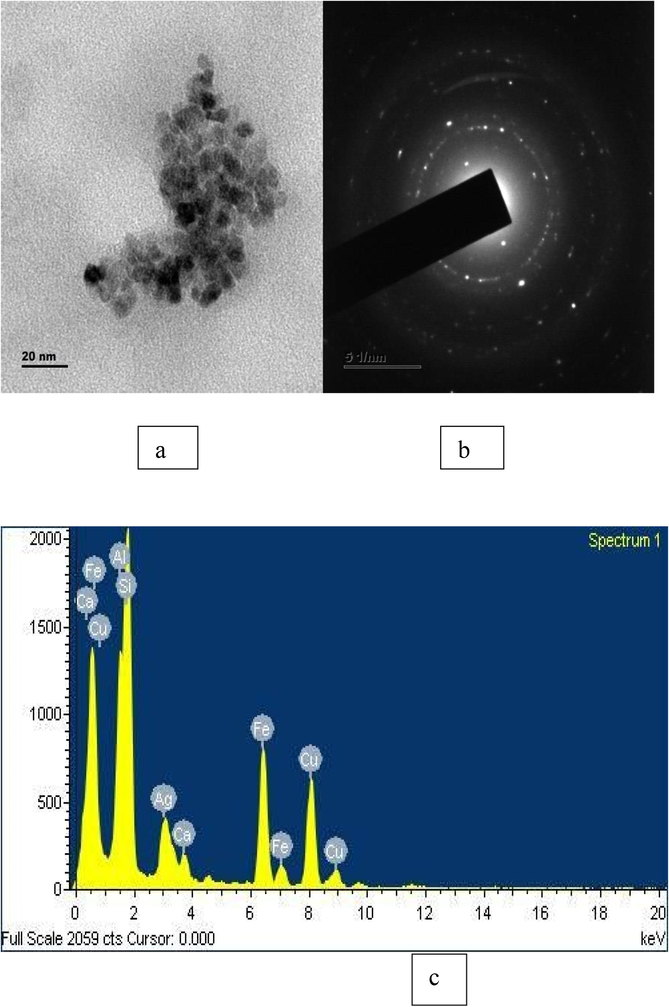 (a) Transmission Electron Microscopy (TEM) image of synthesized AgNPs (b) Selected area of electron diffraction pattern of the synthesized AgNPs showing the rings. (c) EDX analysis EDX analysis displayed the chemical composition of synthesized AgNPs.