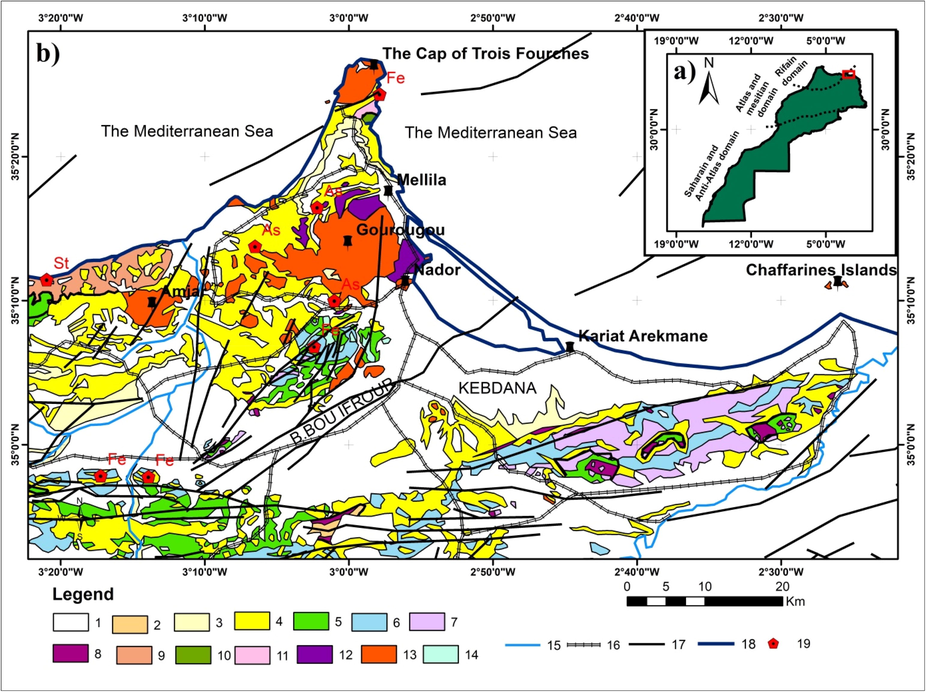 a) The geographic location of the study area. b) Geological map of the study area, modified from the geological map of Morocco scale 1/1000000 (Hollard et al.1985). 1-Quaternary 2-Nappes pre- rifaines 3-Pliocene 4-Miocene 5-Cretaceous 6-Jurassic 7-Lias 8-Trias (saline gypsum) 9-Dinantian Devonian 10-Ordovician- Silurian 11- Mica-Schists of the basement 12- Pliocene and Quaternary Basalts 13-Trachytes Trachy-Andesites and Rhyo-Dacites 14-Lower Miocene Granodiorites 15-Valley 16- Road 17-Faults − 18- The Coast.