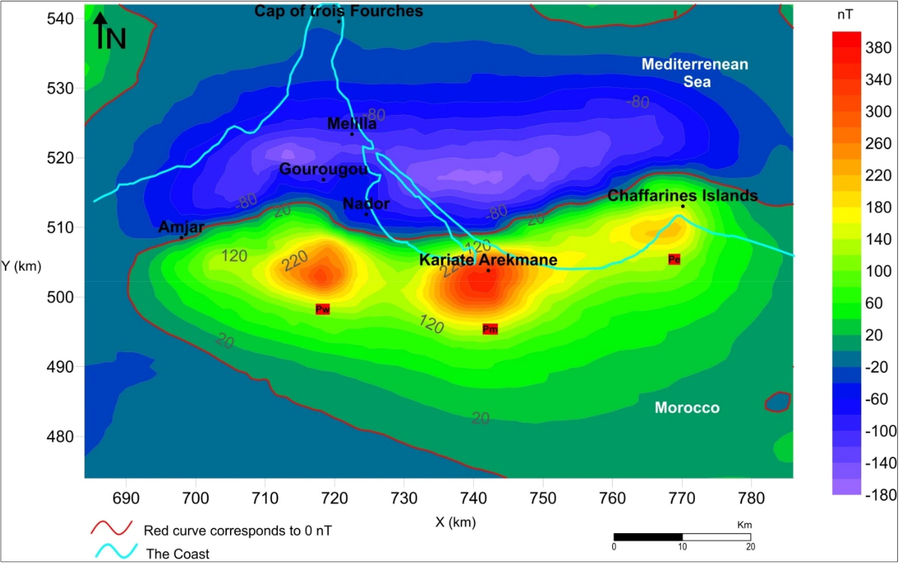 Residual magnetic anomaly of the Nador-Iles Chaffarines zone (NIC). Nw: Western anomaly. Nm: Middle anomaly. Ne: Eastern anomaly.