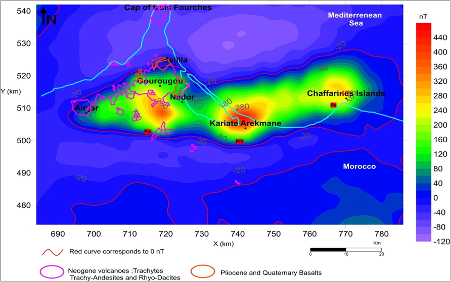 The residual magnetic anomaly reduced to the pole then superposed on volcanoes of the study area.