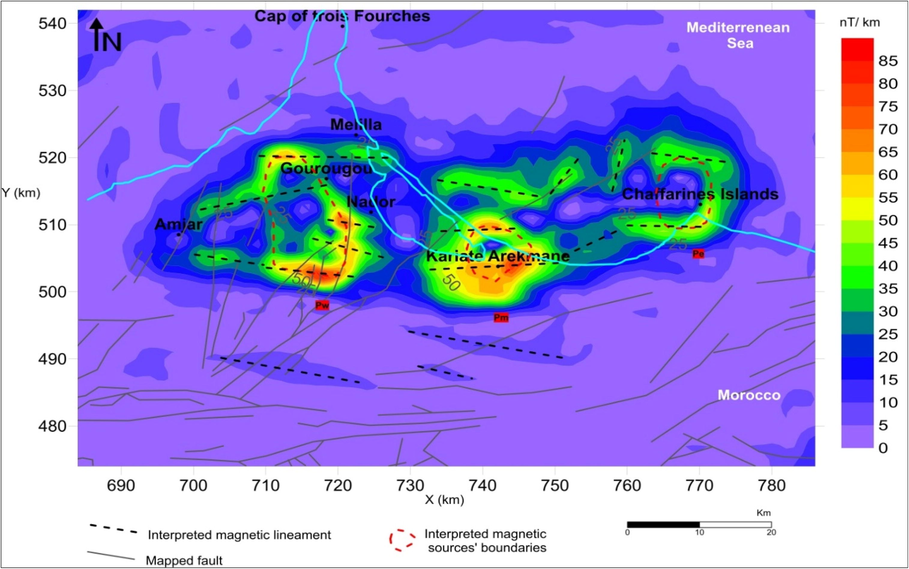 Horizontal gradient of reduced to the pole map highlight magnetic sources’ boundaries.