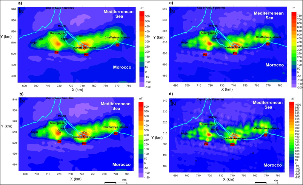 Downward continuation applied to RTP map up to different levels. a) −500 m b) −1000 m c) −1500 m d) −2000 m.