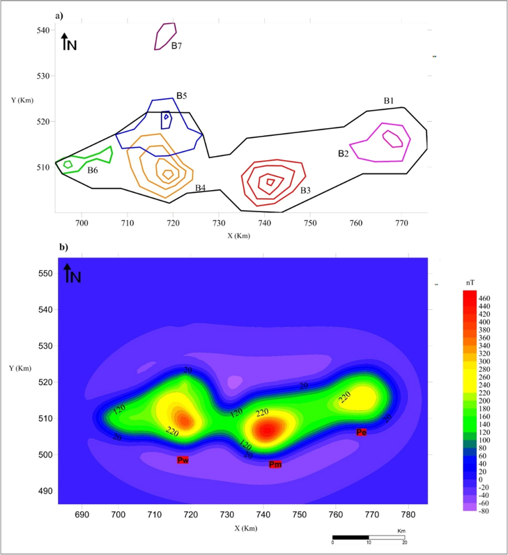 a) Synthetic model of magnetic structures (7 bodies) corresponding to the anomalies of the study area. b) Synthetic magnetic map resulting from the model shown in Fig. 8-A, based on the Talwani method.