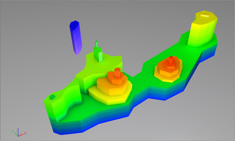 3D Talwani model of volcanic edifices resulting from the synthetic magnetic map Bodies above Kariate Arekmane and Nador.