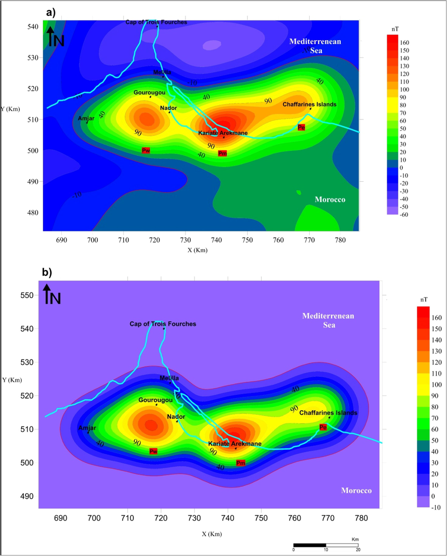 Upward continuation to 5 km of both RTP map. a) and Talwani synthetic map, b) Flight altitude = 2.6 km.