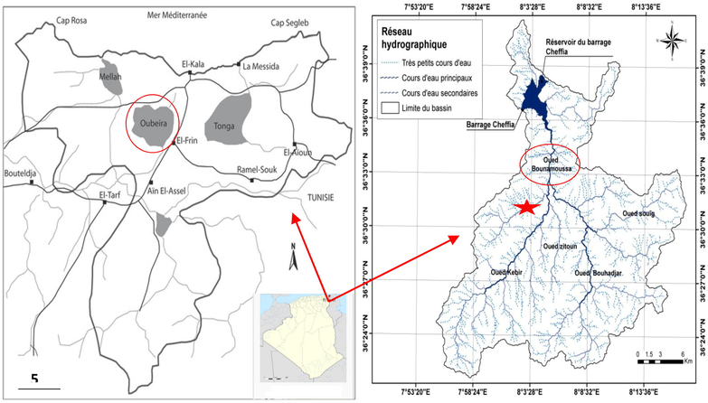 Oubéira Lake and Oued Bounamoussa location map.