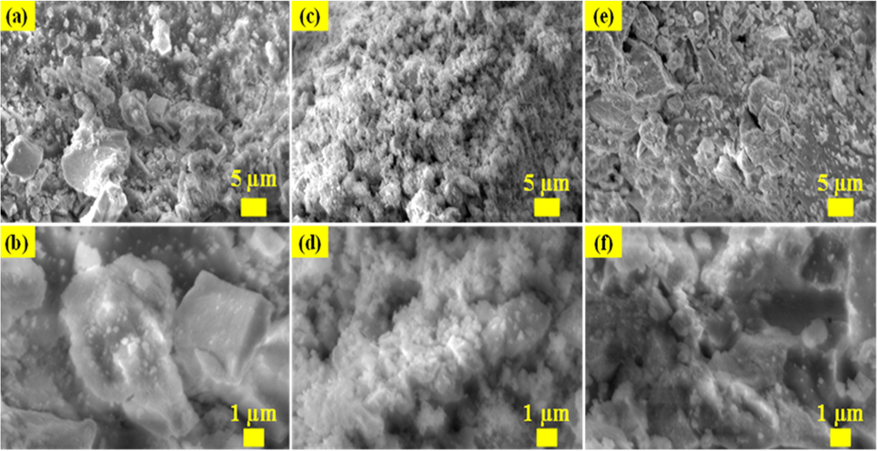 (a-b) FESEM images of SnO2; (c-d) CuO; and (e-f) SnO2 - CuO nanocomposite samples.