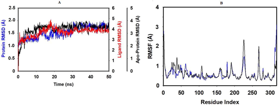 Molecular dynamics stability analysis of Demethyloleuropein aglycone bound SARS-CoV-2 PLpro. A) Comparative RMSD plot B) RMSF of bound PLpro (blue) and apo PLpro (black).