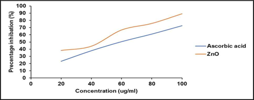 Antioxidant activity of green synthesized ZnO-NPs at various concentrations. Hydrogen peroxide reducing power was analyzed and compared with standard (ascorbic acid).