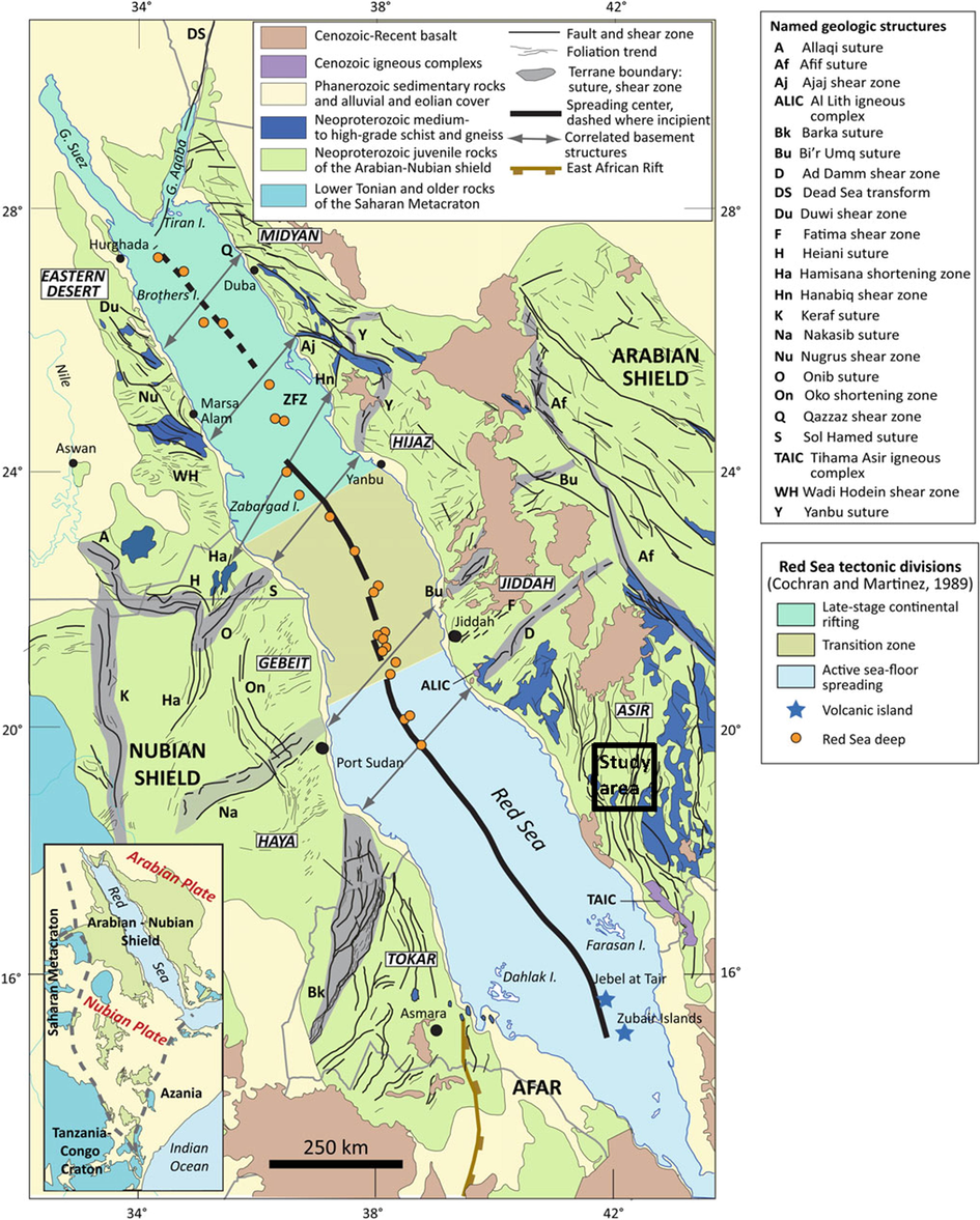 Major geologic features of the Red Sea and surrounding uplifted margins of the Arabian and Nubian Shield (modified after Stern and Johnson, 2019). The black square represents location of the study area.