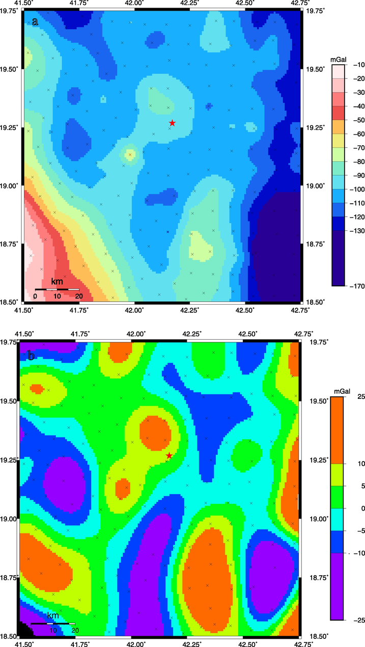 (a) Complete Bouguer anomaly map of the study area derived from data obtained from BGI. (b) Residual anomaly map obtained after extraction of a smooth polynomial surface from the observed Bouguer anomalies and low-pass filter cutting wavelength of less than 20 km. Crosses represent locations of gravity stations, contour interval is 10 mGals. Red star refers to the epicenter of the main shock of 2017 Namas earthquake.