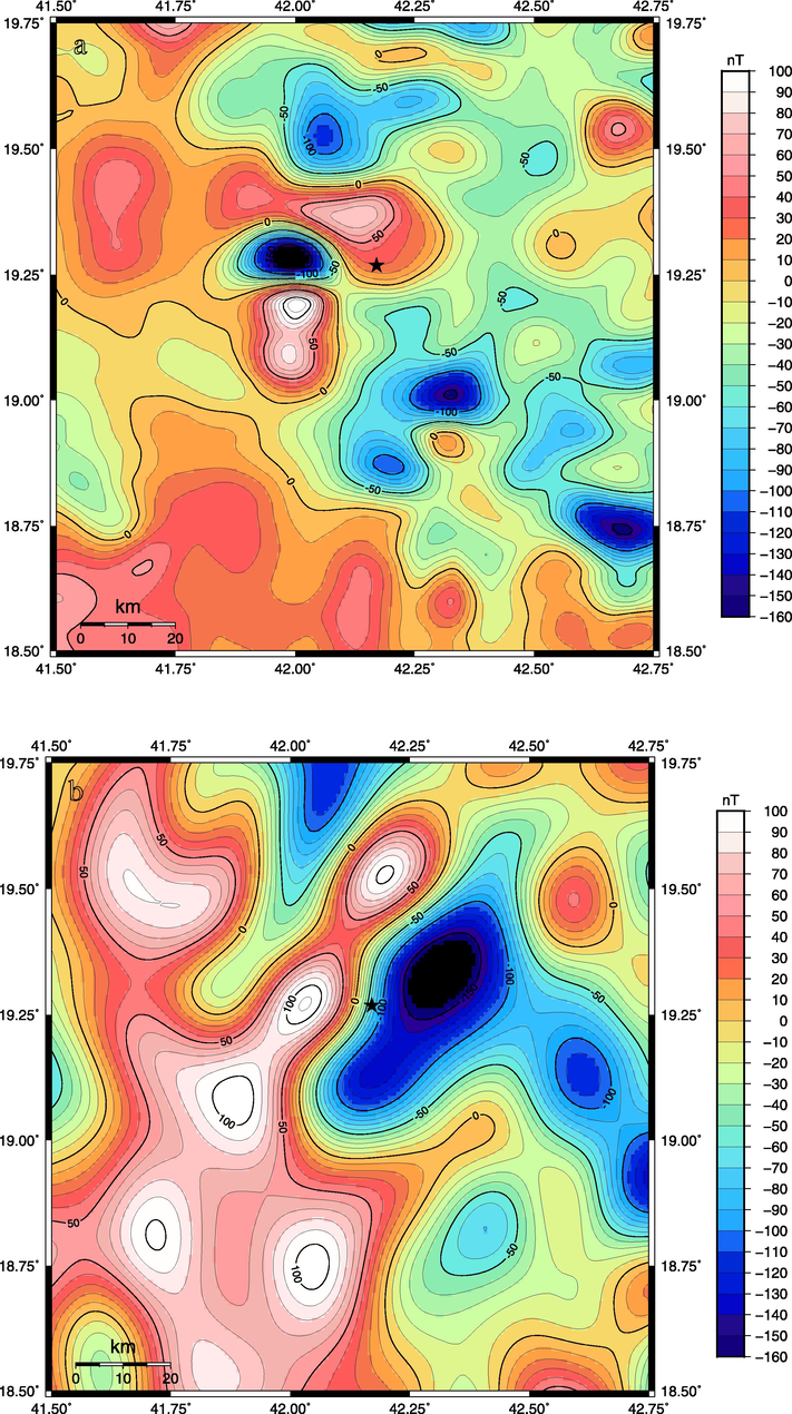 (a) Total magnetic anomaly map of the study area derived from EMAG2. This map shows all magnetic anomalies caused by the basement rock heterogeneities including induced and remnant anomalies. (b) Total magnetic anomalies map reduced to pole and smoothed by a low-pass filter cutting wavelength less than 20 km. Contour interval is 10 nT. Black star refers to the epicenter of the main shock of 2017 Namas earthquake.