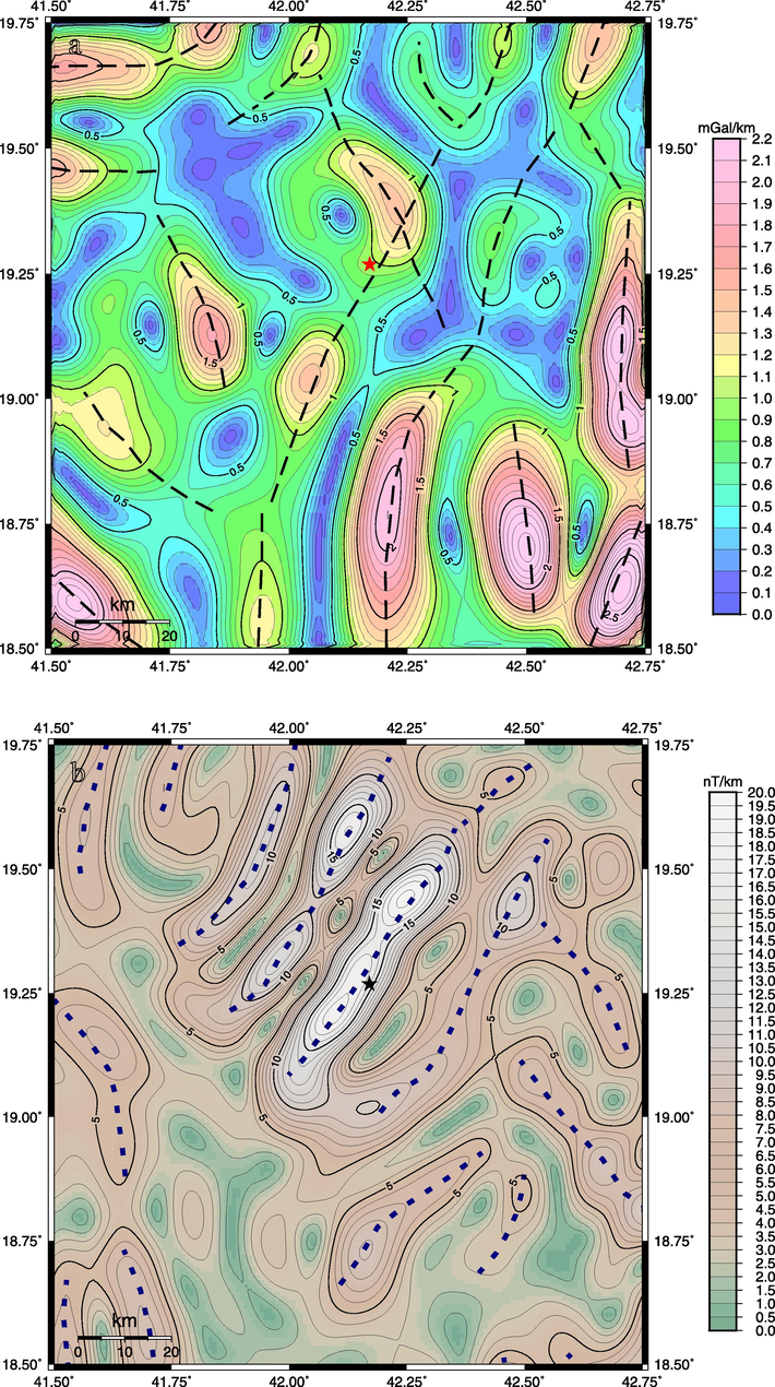 (a) Map of the Magnitude of horizontal gradient (MHG) derived from the residual gravity anomalies. It shows the gravity lineaments that correspond to edge locations of density contrasts within blocks of the basement of the Arabian Shield. Contour interval is 0.1 mGal/km. (b) Map of the Magnitude of horizontal gradient (MHG) derived from the RTP magnetic anomalies. It shows the magnetic lineaments that correspond to edge locations of magnetic property contrasts within blocks of the basement of the Arabian Shield. Contour interval is 1 nT/km. Star refers to the epicenter of the main shock of 2017 Namas earthquake.