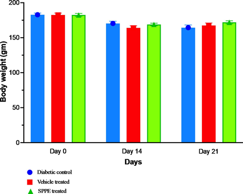 Effect of treatments on body weight in diabetic rats during the study at Day 0, 14 and 21. Data presented as mean and SEM (n = 6).