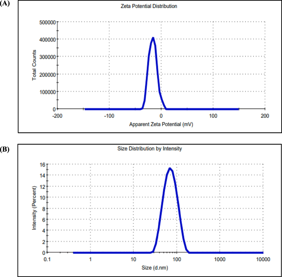 (a) Zeta potential measurement and (b) Particle size of AgNPs with respect to intensity, number, and volume of AgNPs.