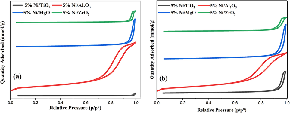 N2 adsorption–desorption isotherms for the catalysts calcined at (a) 800 °C or (b) 600 °C.