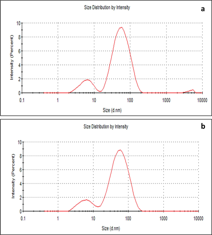 Size distribution by intensity of FAgNPs (a) and MAgNPs (b) measured by DLS.