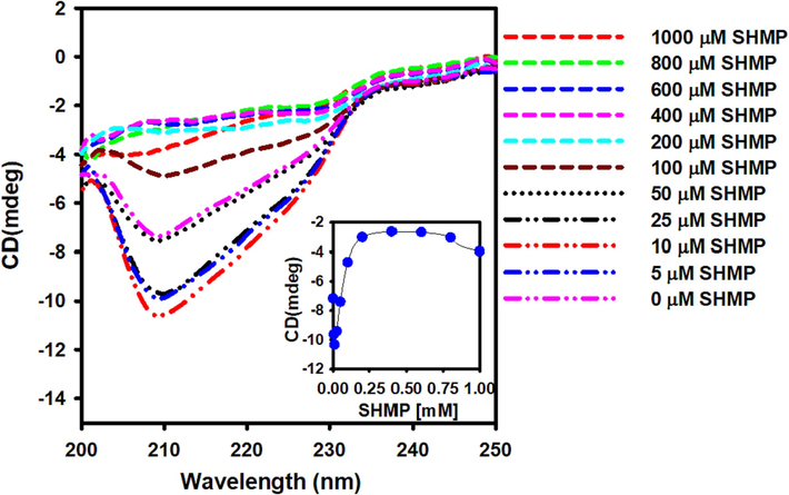 The effect of SHMP on trypsin's far-UV CD spectra. Between 200 and 250 nm, the far UV CD spectra of 0–1000 µM SHMP-treated trypsin were recorded. The trypsin concentration was fixed at 8.3 μM in all the experiments.