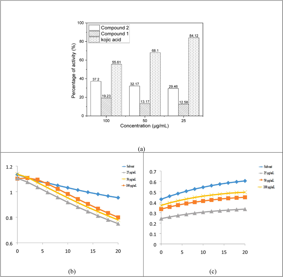 Tyrosinase activity of compounds 1 and 2 (a), Progress curve for L-Dopa oxidation by mushroom tyrosinase with compound 1 (b), and Progress curve for the oxidation of L-Dopa by mushroom tyrosinase with compound 2(c).