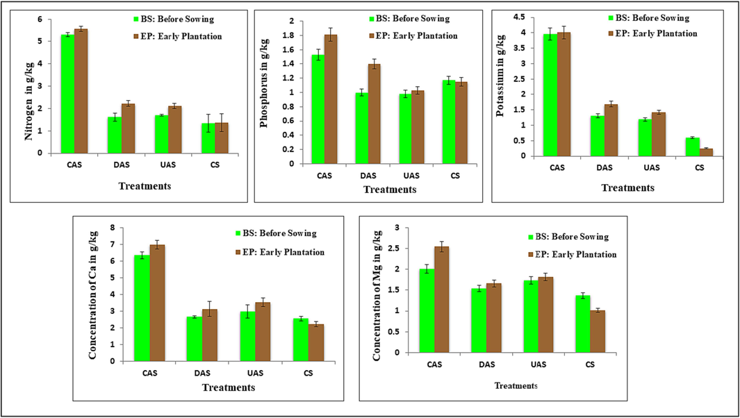 Concentration estimation in soils amended with different modifiers for Nitrogen, Phosphorus, Potassium calcium and magnesium in g/kg.