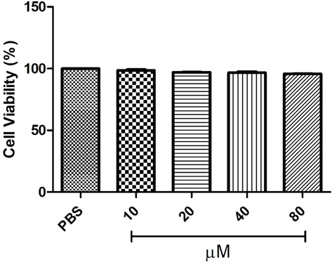 Cytotoxic analysis on L6 cell line treated with various concentration of GP13 (10 to 80 µM). PBS treated cell was used as the control. Data were expressed as mean ± SD of three independent experiments.