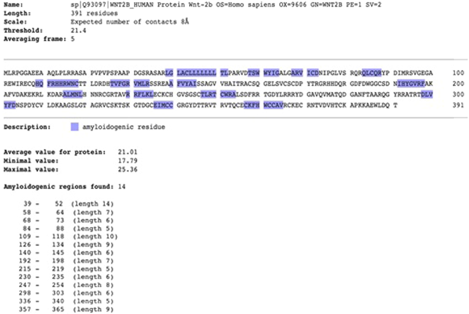 Amyloidogenic residues predicted for human Wnt-2b protein.