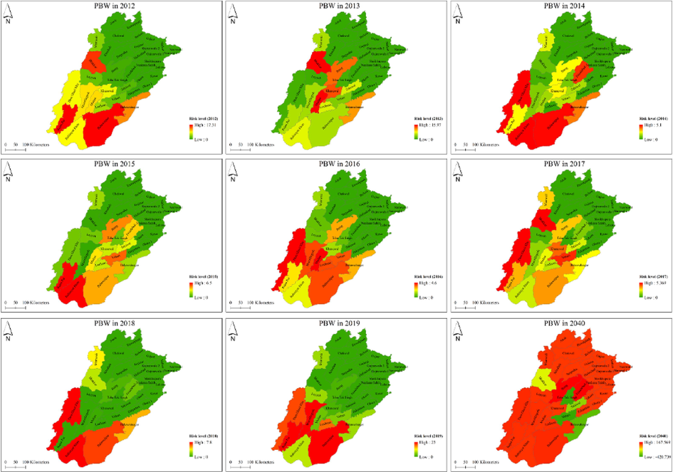 Pink bollworm infestation to different districts of Punjab at different levels. These maps were created with ArcGIS v 10.4 (https://www.arcgis.com). Data of administrative boundaries were obtained from (https://gadm.org/download_country_v3.html).