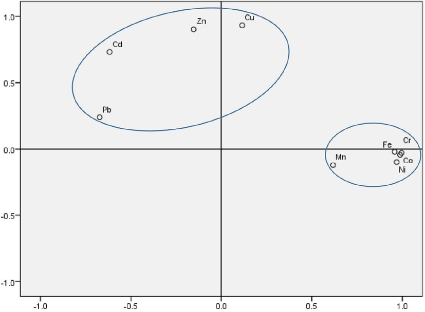 Factor analysis and distribution of HMs in two component plots.