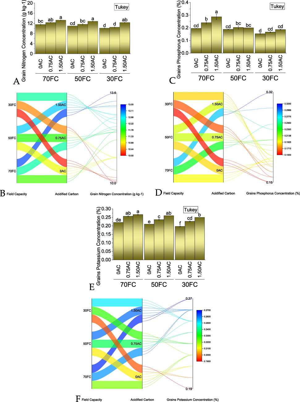 Effect of AC application rates on grains nitrogen (A), phosphorus (C) and potassium (E) concentration of maize grown under normal, mild, and severe drought stress. Bars are means of 3 replicates ± SE. Variable letters on bars are showing significant changes (Tukey test; p ≤ 0.05). A parallel plot is showing the interaction of variables for grains nitrogen (B), phosphorus (D) and potassium (F) concentration of maize grown under normal, mild, and severe drought stress. The color scheme is showing the data range for grain's nitrogen concentration affected by treatments (B). AC = acidified carbon; FC = Field capacity.