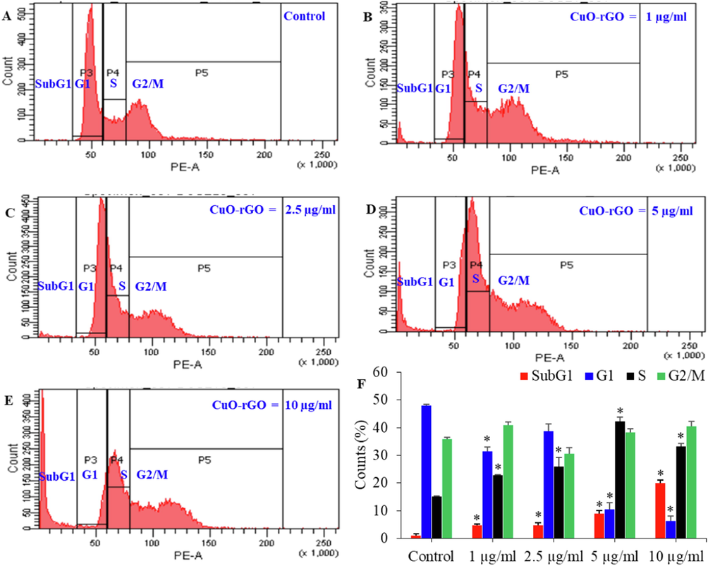 Cell cycle progression of NRK52E cells exposed for 24 h to different concentrations of CuO-rGO (1–10 µg/ml) (A-E). The percentage of cell population in SubG1, G1, S, and G2/M phases were estimated (F). Data are presented as mean ± SD of three independent experiments (n = 3). *Statistically significant from the control (p < 0.05). NRK52E: Normal rat kidney cells and CuO-rGO NCs: Copper oxide-reduced graphene oxide nanocomposites.