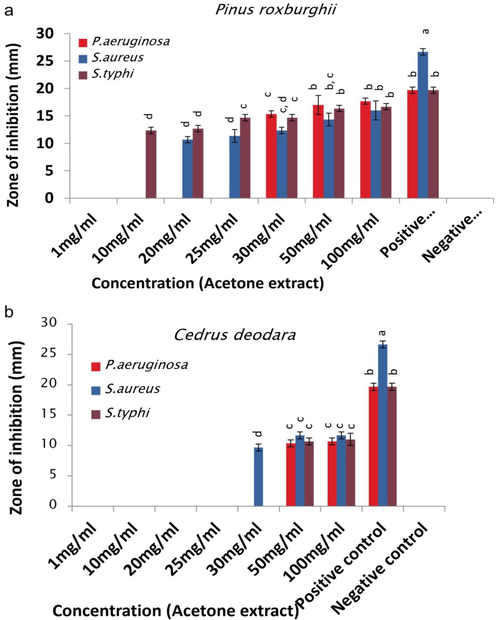 Antibacterial activity of (a) P. roxburghii and (b) C. deodara acetone extracts.